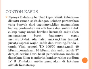 CONTOH KASUS
 Nyonya B datang berobat kepoliklinik kebidanan
disuatu rumah sakit dengan keluhan perdarahan
yang banyak dari vaginanya,klien mengatakan
bahwa perdarahan ini sdh lama dan sudah tidak
cukup uang untuk berobat kerumah sakit,klien
mengatakan berat badannya cepat
menurun,tidak ada nafsu makan,klien tampak
pucat,ekspresi wajah sedih dan murung.Tanda –
tanda Vital seperti TD 100/70 mmhg,nadi 40
kl/mnt,pernafasan 16 kl/mnt dan suhu tubuh 37
derajat celcius.Dari hasil pemeriksaan medis di
dapatkan klien menderita kanker rahim stadium
IV B ,Tindakan medis yang akan di lakukan
adalah Kemoterapi.
 