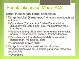 Penatalaksanaan Medis AML
Terapi Induksi dan Terapi konsolidasi
Terapi Induksi (kemoterapi)  untuk membunuh sel
leukemia
 Cytarabine (Cytosal, Ara C) dan Daunorubicin
(Daunomycin, cerubidine) atau mitoxantrone atau
idarubicin
 Kadang-kadang diikuti oleh terbunuhnya sel myeloid
normal  neutropenia, anemia, trombositopenia
 Suportive care (darah dan platelet) untuk infeksi,
pendarahan, mukosistis, diare
 Granulocyte growth factor
Terapi konsolidasi/post remisi  untuk
menghilangkan sisa sel leukemia yang tidak terdeteksi
secara klinis
 Cytarabine
 