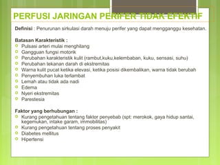 PERFUSI JARINGAN PERIFER TIDAK EFEKTIF
Definisi : Penurunan sirkulasi darah menuju perifer yang dapat mengganggu kesehatan.
Batasan Karakteristik :
 Pulsasi arteri mulai menghilang
 Gangguan fungsi motorik
 Perubahan karakteristik kulit (rambut,kuku,kelembaban, kuku, sensasi, suhu)
 Perubahan tekanan darah di ekstremitas
 Warna kulit pucat ketika elevasi, ketika posisi dikembalikan, warna tidak berubah
 Penyembuhan luka terlambat
 Lemah atau tidak ada nadi
 Edema
 Nyeri ekstremitas
 Parestesia
Faktor yang berhubungan :
 Kurang pengetahuan tentang faktor penyebab (spt: merokok, gaya hidup santai,
kegemukan, intake garam, immobilitas)
 Kurang pengetahuan tentang proses penyakit
 Diabetes mellitus
 Hipertensi
 