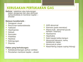 KERUSAKAN PERTUKARAN GAS
Definisi : kelebihan atau kekurangan
dalam oksigenasi dan atau eliminasi
karbondioksida di membran kapiler –
alveolar
Batasan karakteristik :
 Gangguan visual
 Penurunan karbondioksida
 Takikardi
 Hiperkapnea
 Gelisah
 Somnolen
 Iritabilitas
 Hipoksia
 Kebingungan
 Dispnea
Faktor yang berhubungan:
 Ketidakseimbangan perfusi ventilasi
 Perubahan membran kapiler – alveoli
 AGD abnormal
 Sianosis (pada neonatus)
 Warna kulit : abnormal (pucat,
kehitam -hitaman)
 Hipoksemia
 Hiperkabia
 Sakit kepala ketika bangun
 Abnormal frekuensi, irama,
kedalaman napas
 Abnormal ph arteri
 Nasal flaring (napas cuping hidung)
 