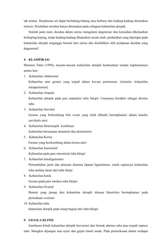 tak teratur. Sitoplasma sel dapat berlubang-lubang atau berbusa dan kadang-kadang ditemukan
mitosis. Perubahan tersebut hanya ditemukan pada sebagian kehamilan ektopik.
Setelah janin mati, desidua dalam uterus mengalami degenerasi dan kemudian dikeluarkan
berkeping-keping, tetapi kadang-kadang dilepaskan secara utuh, perdarahan yang dijumpai pada
kehamilan ektopik terganggu berasal dari uterus dan disebabkan oleh pelepasan desidua yang
degeneratif.
4. KLASIFIKASI
Menurut Taber (1994), macam-macam kehamilan ektopik berdasarkan tempat implantasinya
antara lain:
1. Kehamilan Abdominal
Kehamilan atau gestasi yang terjadi dalam kavum peritonium. (sinonim: kehamilan
intraperitonial)
2. Kehamilan Ampula
Kehamilan ektopik pada pars ampularis tuba falopii. Umumnya berakhir sebagai abortus
tuba
3. Kehamilan Servikal
Gestasi yang berkembang bila ovum yang telah dibuahi berimplantasi dalam kanalis
servikalis uteri
4. Kehamilan Heterotopik kombinasi
Kehamilan bersamaan intauterin dan ekstrauterin
5. Kehamilan Kornu
Gestasi yang berrkembang dalam kornu uteri
6. Kehamilan Interstisial
Kehamilan pada pars interstisial tuba falopii
7. Kehamilan Intraligamenter
Pertumbuhan janin dan plasenta diantara lipatan ligamentum, estela rupturnya kehamilan
tuba melalui dasar dari tuba falopi
8. Kehamilan Ismik
Gestasi pada pars ismikus tuba falopii
9. Kehamilan Ovarial
Bentuk yang jarang dari kehamilan ektopik dimana blastolisis berimplantasi pada
permukaan ovarium
10. Kehamilan tuba
kehamilan ektopik pada setiap bagian dari tuba falopii
5. GEJALA KLINIS
Gambaran klinik kehamilan ektopik bervariasi dari bentuk abortus tuba atau terjadi rupture
tuba. Mungkin dijumpai rasa nyeri dan gejala hamil muda. Pada pemeriksaan dalam terdapat
 
