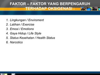 FAKTOR – FAKTOR YANG BERPENGARUH
TERHADAP OKSIGENASI :
1. Lingkungan / Enviroment
2. Latihan / Exercise
3. Emosi / Emotions
4. Gaya Hidup / Life Style
5. Status Kesehatan / Health Status
6. Narcotics
 
