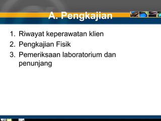 A. Pengkajian
1. Riwayat keperawatan klien
2. Pengkajian Fisik
3. Pemeriksaan laboratorium dan
penunjang
 