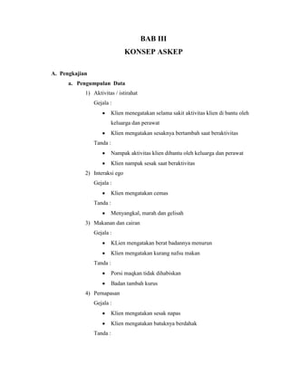 BAB III
KONSEP ASKEP
A. Pengkajian
a. Pengumpulan Data
1) Aktivitas / istirahat
Gejala :
Klien menegatakan selama sakit aktivitas klien di bantu oleh
keluarga dan perawat
Klien mengatakan sesaknya bertambah saat beraktivitas
Tanda :
Nampak aktivitas klien dibantu oleh keluarga dan perawat
Klien nampak sesak saat beraktivitas
2) Interaksi ego
Gejala :
Klien mengatakan cemas
Tanda :
Menyangkal, marah dan gelisah
3) Makanan dan cairan
Gejala :
KLien mengatakan berat badannya menurun
Klien mengatakan kurang nafsu makan
Tanda :
Porsi maqkan tidak dihabiskan
Badan tambah kurus
4) Pernapasan
Gejala :
Klien mengatakan sesak napas
Klien mengatakan batuknya berdahak
Tanda :

 