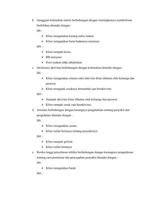 b. Gangguan kebutuhan nutrisi berhubungan dengan meningkatnya metabolisme
berlebihan ditandai dengan :
DS :
 Klien mengatakan kurang nafsu makan
 Klien mengatakan berat badannya menurun
DO :
 Klien nampak kurus
 BB menurun
 Porsi makan tidak dihabiskan
c. Intoleransi aktivitas berhubungan dengan kelemahan ditandai dengan :
DS :
 Klien mengatakan selama sakit aktivitas klien dibantu oleh keluarga dan
perawat
 Klien mengatak sesaknya bertambah saat beraktivitas
DO :
 Nampak aktivitas klien dibantu oleh keluarga dan perawat
 Klien nampak sesak saat beraktivitas
d. Ansietas berhubungan dengan kurangnya pengetahuan tentang penyakit dan
pengobatan ditandai dengan :
DS :
 Klien mengatakan cemas
 Klien selalu bertanya tentang penyakitnya
DO :
 Klien nampak gelisah
 Klien selalu bertanya
e. Resiko tinggi penyebaran infeksi berhubungan dengan kurangnya pengetahuan
tentang cara penularan dan pencegahan penyakit ditandai dengan :
DS :
 Klien mengatakan batuk
DO :

 