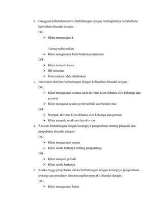 b. Gangguan kebutuhan nutrisi berhubungan dengan meningkatnya metabolisme
berlebihan ditandai dengan :
DS :
 Klien mengatakan k

|`urang nafsu makan
 Klien mengatakan berat badannya menurun
DO :
 Klien nampak kurus
 BB menurun
 Porsi makan tidak dihabiskan
c. Intoleransi aktivitas berhubungan dengan kelemahan ditandai dengan :
DS :
 Klien mengatakan selama sakit aktivitas klien dibantu oleh keluarga dan
perawat
 Klien mengatak sesaknya bertambah saat beraktivitas
DO :
 Nampak aktivitas klien dibantu oleh keluarga dan perawat
 Klien nampak sesak saat beraktivitas
d. Ansietas berhubungan dengan kurangnya pengetahuan tentang penyakit dan
pengobatan ditandai dengan :
DS :
 Klien mengatakan cemas
 Klien selalu bertanya tentang penyakitnya
DO :
 Klien nampak gelisah
 Klien selalu bertanya
e. Resiko tinggi penyebaran infeksi berhubungan dengan kurangnya pengetahuan
tentang cara penularan dan pencegahan penyakit ditandai dengan :
DS :
 Klien mengatakan batuk

 