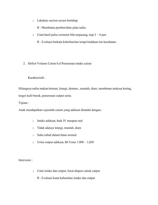 o Lakukan suction secara bertahap
R : Membantu pembersihan jalan nafas
o Catat hasil pulse oximeter bila terpasang, tiap 2 – 4 jam
R : Evaluasi berkala keberhasilan terapi/tindakan tim kesehatan.
2. Defisit Volume Cairan b.d Penurunan intake cairan
Karakteristik :
Hilangnya nafsu makan/minum, letargi, demam., muntah, diare, membrana mukosa kering,
turgor kulit buruk, penurunan output urine.
Tujuan :
Anak mendapatkan sejumlah cairan yang adekuat ditandai dengan :
o Intake adekuat, baik IV maupun oral
o Tidak adanya letargi, muntah, diare
o Suhu tubuh dalam batas normal
o Urine output adekuat, BJ Urine 1.008 – 1,020
Intervensi :
o Catat intake dan output, berat diapers untuk output
R : Evaluasi ketat kebutuhan intake dan output
 