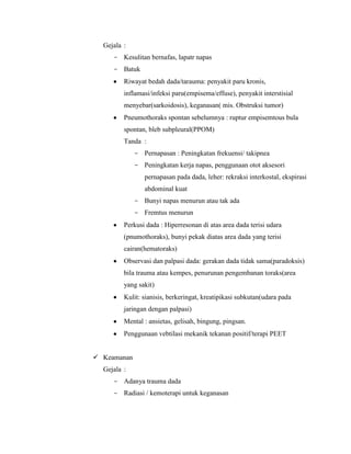 Gejala :
- Kesulitan bernafas, lapatr napas
- Batuk
Riwayat bedah dada/tarauma: penyakit paru kronis,
inflamasi/infeksi paru(empisema/effuse), penyakit interstisial
menyebar(sarkoidosis), keganasan( mis. Obstruksi tumor)
Pneumothoraks spontan sebelumnya : ruptur empisemtous bula
spontan, bleb subpleural(PPOM)
Tanda :
- Pernapasan : Peningkatan frekuensi/ takipnea
- Peningkatan kerja napas, penggunaan otot aksesori
pernapasan pada dada, leher: rekraksi interkostal, ekspirasi
abdominal kuat
- Bunyi napas menurun atau tak ada
- Fremtus menurun
Perkusi dada : Hiperresonan di atas area dada terisi udara
(pnumothoraks), bunyi pekak diatas area dada yang terisi
cairan(hematoraks)
Observasi dan palpasi dada: gerakan dada tidak sama(paradoksis)
bila trauma atau kempes, penurunan pengembanan toraks(area
yang sakit)
Kulit: sianisis, berkeringat, kreatipikasi subkutan(udara pada
jaringan dengan palpasi)
Mental : ansietas, gelisah, bingung, pingsan.
Penggunaan vebtilasi mekanik tekanan positif/terapi PEET
 Keamanan
Gejala :
- Adanya trauma dada
- Radiasi / kemoterapi untuk keganasan

 