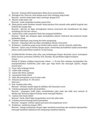 Rasional : keluarga lebih berpartisipasi dalam proses penyembuhan. 
2) Baringkan klie ( bed rest ) total dengan posisi tidur telentang tanpa bantal. 
Rasional : monitor tanda-tanda status neurologis dengan GCS. 
3) Monitor tanda-tanda vital. 
Rasional : untuk mengetahui keadaan umum klien. 
4) Bantu pasien untuk membtasi muntah, batuk,anjurkan klien menarik nafas apabila bergerak atau 
berbalik dari tempat tidur. 
Rasional : aktivitas ini dapat meningkatkan tekanan intracranial dan intraabdoment dan dapat 
melindungi diri diri dari valsava. 
5) Ajarkan klien untuk mengindari batuk dan mengejan berlebihan. 
Rasional : Batuk dan mengejan dapat meningkatkan tekanan intrkranial dan poteensial terjadi 
perdarahan ulang. 
6) Ciptakan lingkungan yang tenang dan batasi pengunjung. 
Rasional : rangsangan aktivitas dapat meningktkan tekanan intracranial. 
7) Kolaborasi : pemberian terapi sesuai intruksi dokter,seperti :steroid, aminofel, antibiotika. 
Rasional : tujuan yang di berikan dengan tujuan: menurunkan premeabilitas kapiler,menurunkan 
edema serebri,menurunkan metabolic sel dan kejang. 
2. Ketidakefektifan bersihan jalan nafas yang berhubungan dengan akumulasi secret, kemampuan 
batuk menurun, penurunan mobilitas fisik sekunder, dan perubahan tingkat kesadaran. 
Tujuan : 
Setelah di lakukan tindakan keperawatan selama ...x 24 jam klien mamapu meningkatkan dan 
memepertahankan keefektifan jalan nafas agar tetap bersih dan mencegah aspirasi, dengan 
kriteria hasil : 
1) bunyi nafas terdengar bersih 
2) ronkhi tidak terdengar 
3) trakeal tube bebas sumbatan 
4) menunjukan batuk efektif 
5) tidak ada penumpukan secret di jalan nafas 
6) frekuensi pernafasan 16 -20x/menit. 
Intervensi : 
1) Kaji keadaan jalan nafas, 
Rasional : obstruksi munkin dapat di sebabkan oleh akumulasi secret. 
2) Lakukan pengisapan lendir jika d perlukan. 
Rasional : pengisapan lendir dapay memebebaskan jalan nafas dan tidak terus menerus di 
lakukan dan durasinya dapat di kurangi untuk mencegah hipoksia. 
3) Ajarkan klien batuk efektif. 
Rasional : batuk efektif dapat mengeluarkan secret dari jalan nafas. 
4) Lakukan postural drainage perkusi/penepukan. 
Rasional : mengatur ventilasi segmen paru-paru dan pengeluaran secret. 
5) Kolaborasi : pemberian oksigen 100%. 
Rasional : denagn pemberiaan oksigen dapat membantu pernafasan dan membuat hiperpentilasi 
mencegah terjadinya atelaktasisi dan mengurangi terjadinya hipoksia. 
 