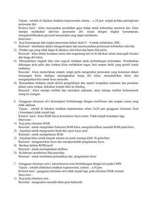 Tujuan : setelah di lakukan tindakan keperawatan selama ...x 24 jam terjadi prilaku peningkatan 
perawatan diri. 
Kriteria hasil : klien menunjukan perubahan gaya hidup untuk kebutuhan merawat diri, klien 
mampu melakukan aktivitas perawatna diri sesuai dengan tingkat kemampuan, 
mengidentifikasikan personal masyarakat yang dapat membantu. 
Intervensi : 
1) Kaji kemampuan dan tingkat penurunan dalam skala 0 – 4 untuk melakukan ADL. 
Rasional : membantu dalam mengantisipasi dan merencanakan pertemuan kebutuhan individu. 
2) Hindari apa yang tidak dapat di lakukan oleh klien dan bantu bila perlu. 
Rasional : klien dalam keadaan cemas dan tergantung hal ini di lakukan untuk mencegah frustasi 
dan harga diri klien. 
3) Menyadarkan tingkah laku atau sugesti tindakan pada perlindungan kelemahan. Pertahankan 
dukungan pola pikir dan izinkan klien melakukan tugas, beri umpan balik yang positif untuk 
usahanya. 
Rasional : klien memerlukan empati, tetapi perlu mengetahui perawatan yang konsisten dalam 
menangani klien, skaligus meningkatkan harga diri klien, memandirikan klien, dan 
menganjurkan klie untuk terus mencoba. 
4) Rencanakan tindakan untuk deficit pengelihatan dan seperti tempatkan makanan dan peralatan 
dalam suatu tempat, dekatkan tempat tidur ke dinding. 
Rasional : klien mampu melihat dan memakan makanan, akan mampu melihat kelaurmasuk 
orang ke ruangan. 
6. Gangguan eliminasi alvi (konstipasi) berhubunagn dengan imobilisasi dan asupan cairan yang 
tidak adekuat. 
Tujuan : setelah di lakukan tindakan keperawatan selam 2x24 jam gangguan eliminasi fecal 
( konstipasi) tidak terjadi lagi. 
Kriteria hasil : klien BAB lancer,konsistensi feces encer, Tidak terjadi konstipasi lagi. 
Intervensi : 
1) Kaji pola eliminasi BAB 
Rasional : untuk mengetahui frekuensi BAB klien, mengidentifikasi masalah BAB pada klien . 
2) Anjurkan untuk mengosumsi buah dan sayur kaya serat. 
Rasional : untuk mempelancar BAB. 
3) Anjurkan klien untuk banyak minum air putih, kurang lebih 18 gelas/hari, 
Rasional : mengencerkan feces dan mempermudah pengeluaran feces. 
4) Berikan latihan ROM pasif 
Rasional : untuk meningkatkan defikasi. 
5) Kolaborasi pemberian obat pencahar. 
Rasional : untuk membantu pelunakkan dan pengeluaran feces 
7. Gangguan eliminasi urin ( inkontinensia urin) berhubungan dengan lesi pada UMN. 
Tujuan : setelah dilakukan tindakan keperawatan, selama ...x24 jam. 
Kriteria hasil : gangguan eliminasi urin tidak terjadi lagi, pola eliminasi BAK normal. 
Intervensi : 
1) Kaji pola eliminasi urin. 
Rasional : mengetahui masalah dalm pola berkemih. 
 