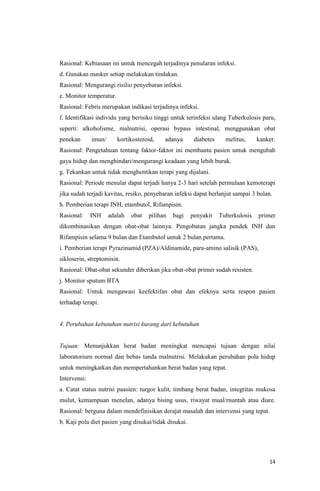 14
Rasional: Kebiasaan ini untuk mencegah terjadinya penularan infeksi.
d. Gunakan masker setiap melakukan tindakan.
Rasional: Mengurangi risilio penyebaran infeksi.
e. Monitor temperatur.
Rasional: Febris merupakan indikasi terjadinya infeksi.
f. Identifikasi individu yang berisiko tinggi untuk terinfeksi ulang Tuberkulosis paru,
seperti: alkoholisme, malnutrisi, operasi bypass intestinal, menggunakan obat
penekan imun/ kortikosteroid, adanya diabetes melitus, kanker.
Rasional: Pengetahuan tentang faktor-faktor ini membantu pasien untuk mengubah
gaya hidup dan menghindari/mengurangi keadaan yang lebih buruk.
g. Tekankan untuk tidak menghentikan terapi yang dijalani.
Rasional: Periode menular dapat terjadi hanya 2-3 hari setelah permulaan kemoterapi
jika sudah terjadi kavitas, resiko, penyebaran infeksi dapat berlanjut sampai 3 bulan.
h. Pemberian terapi INH, etambutol, Rifampisin.
Rasional: INH adalah obat pilihan bagi penyakit Tuberkulosis primer
dikombinasikan dengan obat-obat lainnya. Pengobatan jangka pendek INH dan
Rifampisin selama 9 bulan dan Etambutol untuk 2 bulan pertama.
i. Pemberian terapi Pyrazinamid (PZA)/Aldinamide, para-amino salisik (PAS),
sikloserin, streptomisin.
Rasional: Obat-obat sekunder diberikan jika obat-obat primer sudah resisten.
j. Monitor sputum BTA
Rasional: Untuk mengawasi keefektifan obat dan efeknya serta respon pasien
terhadap terapi.
4. Perubahan kebutuhan nutrisi kurang dari kebutuhan
Tujuan: Menunjukkan berat badan meningkat mencapai tujuan dengan nilai
laboratoriurn normal dan bebas tanda malnutrisi. Melakukan perubahan pola hidup
untuk meningkatkan dan mempertahankan berat badan yang tepat.
Intervensi:
a. Catat status nutrisi paasien: turgor kulit, timbang berat badan, integritas mukosa
mulut, kemampuan menelan, adanya bising usus, riwayat mual/rnuntah atau diare.
Rasional: berguna dalam mendefinisikan derajat masalah dan intervensi yang tepat.
b. Kaji pola diet pasien yang disukai/tidak disukai.
 