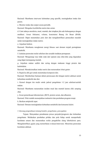 15
Rasional: Membantu intervensi kebutuhan yang spesifik, meningkatkan intake diet
pasien.
c. Monitor intake dan output secara periodik.
Rasional: Mengukur keefektifan nutrisi dan cairan.
d. Catat adanya anoreksia, mual, muntah, dan tetapkan jika ada hubungannya dengan
medikasi. Awasi frekuensi, volume, konsistensi Buang Air Besar (BAB).
Rasional: Dapat menentukan jenis diet dan mengidentifikasi pemecahan masalah
untuk meningkatkan intake nutrisi.
e. Anjurkan bedrest.
Rasional: Membantu menghemat energi khusus saat demam terjadi peningkatan
metabolik.
f. Lakukan perawatan mulut sebelum dan sesudah tindakan pernapasan.
Rasional: Mengurangi rasa tidak enak dari sputum atau obat-obat yang digunakan
yang dapat merangsang muntah.
g. Anjurkan makan sedikit dan sering dengan makanan tinggi protein dan
karbohidrat.
Rasional: Memaksimalkan intake nutrisi dan menurunkan iritasi gaster.
h. Rujuk ke ahli gizi untuk menentukan komposisi diet.
Rasional: Memberikan bantuan dalarn perencaaan diet dengan nutrisi adekuat unruk
kebutuhan metabolik dan diet.
i. Konsul dengan tim medis untuk jadwal pengobatan 1-2 jam sebelum/setelah
makan.
Rasional: Membantu menurunkan insiden mual dan muntah karena efek samping
obat.
j. Awasi pemeriksaan laboratorium. (BUN, protein serum, dan albumin).
Rasional: Nilai rendah menunjukkan malnutrisi dan perubahan program terapi.
k. Berikan antipiretik tepat.
Rasional: Demam meningkatkan kebutuhan metabolik dan konsurnsi kalori.
5. Kurang pengetahuan tentang kondisi, pengobatan, pencegahan.
Tujuan: Menyatakan pemahaman proses penyakit/prognosis dan kebutuhan
pengobatan. Melakukan perubahan prilaku dan pola hidup unruk memperbaiki
kesehatan umurn dan menurunkan resiko pengaktifan ulang luberkulosis paru.
Mengidentifikasi gejala yang mernerlukan evaluasi/intervensi. Menerima perawatan
kesehatan adekuat.
 