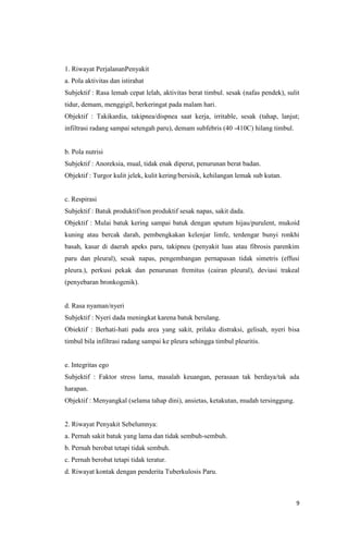 9
1. Riwayat PerjalananPenyakit
a. Pola aktivitas dan istirahat
Subjektif : Rasa lemah cepat lelah, aktivitas berat timbul. sesak (nafas pendek), sulit
tidur, demam, menggigil, berkeringat pada malam hari.
Objektif : Takikardia, takipnea/dispnea saat kerja, irritable, sesak (tahap, lanjut;
infiltrasi radang sampai setengah paru), demam subfebris (40 -410C) hilang timbul.
b. Pola nutrisi
Subjektif : Anoreksia, mual, tidak enak diperut, penurunan berat badan.
Objektif : Turgor kulit jelek, kulit kering/bersisik, kehilangan lemak sub kutan.
c. Respirasi
Subjektif : Batuk produktif/non produktif sesak napas, sakit dada.
Objektif : Mulai batuk kering sampai batuk dengan sputum hijau/purulent, mukoid
kuning atau bercak darah, pembengkakan kelenjar limfe, terdengar bunyi ronkhi
basah, kasar di daerah apeks paru, takipneu (penyakit luas atau fibrosis parenkim
paru dan pleural), sesak napas, pengembangan pernapasan tidak simetris (effusi
pleura.), perkusi pekak dan penurunan fremitus (cairan pleural), deviasi trakeal
(penyebaran bronkogenik).
d. Rasa nyaman/nyeri
Subjektif : Nyeri dada meningkat karena batuk berulang.
Obiektif : Berhati-hati pada area yang sakit, prilaku distraksi, gelisah, nyeri bisa
timbul bila infiltrasi radang sampai ke pleura sehingga timbul pleuritis.
e. Integritas ego
Subjektif : Faktor stress lama, masalah keuangan, perasaan tak berdaya/tak ada
harapan.
Objektif : Menyangkal (selama tahap dini), ansietas, ketakutan, mudah tersinggung.
2. Riwayat Penyakit Sebelumnya:
a. Pernah sakit batuk yang lama dan tidak sembuh-sembuh.
b. Pernah berobat tetapi tidak sembuh.
c. Pernah berobat tetapi tidak teratur.
d. Riwayat kontak dengan penderita Tuberkulosis Paru.
 