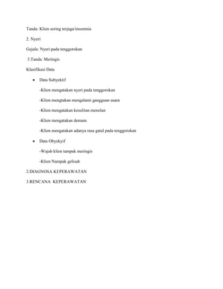 Tanda: Klien sering terjaga/insomnia
2. Nyeri
Gejala: Nyeri pada tenggorokan
3.Tanda: Meringis
Klasifikasi Data
Data Subyektif
-Klien mengatakan nyeri pada tenggorokan
-Klien mengtakan mengalami gangguan suara
-Klien mengatakan kesulitan menelan
-Klien mengatakan demam
-Klien mengatakan adanya rasa gatal pada tenggorokan
Data Obyekyif
-Wajah klien tampak meringis
-Klien Nampak gelisah
2.DIAGNOSA KEPERAWATAN
3.RENCANA KEPERAWATAN
 