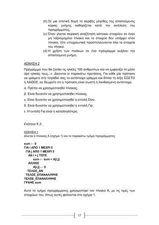 17
(b) ΢ε κηα ζηαηηθή δνκή ην αθξηβέο κέγεζνο ηεο απαηηνύκελεο
θύξηαο κλήκεο θαζνξίδεηαη θαηά ηελ εθηέιεζε ηνπ
πξνγξάκκαηνο.
(c) Όηαλ γίλεηαη ζεηξηαθή αλαδήηεζε θάπνηνπ ζηνηρείνπ ζε έλαλ
κε ηαμηλνκεκέλν πίλαθα θαη ην ζηνηρείν δελ ππάξρεη ζηνλ
πίλαθα, ηόηε ππνρξεσηηθά πξνζπειαύλνληαη όια ηα ζηνηρεία
ηνπ πίλαθα.
(d) Ζ ρξήζε ησλ πηλάθσλ ζε έλα πξόγξακκα απμάλεη ηελ
απαηηνύκελε κλήκε.
.
Α΢ΚΖ΢Ζ 2
Πξόγξακκα πνπ ζα δεηάεη ηηο ειηθίεο 100 αλζξώπσλ θαη λα εκθαλίδεη ην κέζν
όξν ειηθίαο ηνπο...». Γίλνληαη νη παξαθάησ πξνηάζεηο. Γηα θάζε κία πξόηαζε
λα γξάςεηε ζην ηεηξάδηό ζαο ην αληίζηνηρν γξάκκα θαη δίπια ηε ιέμε ΢Χ΢ΣΟ
ή ΛΑΘΟ΢, αλ ζεσξείηε όηη ε πξόηαζε είλαη ζσζηή ή ιαλζαζκέλε αληίζηνηρα.
α. Πξέπεη λα ρξεζηκνπνηεζεί πίλαθαο.
β. Δίλαη δπλαηόλ λα ρξεζηκνπνηεζεί πίλαθαο.
γ. Δίλαη δπλαηόλ λα ρξεζηκνπνηεζεί ε εληνιή Όζν.
δ. Δίλαη δπλαηόλ λα ρξεζηκνπνηεζεί ε εληνιή Γηα.
ε. Ζ εληνιή Γηα είλαη ε θαηαιιειόηεξε.
Δμότητα 9.3:
Α΢ΚΖ΢Ζ 1
Γίλεηαη ν πίλαθαο Α (ζρήκα 1) θαη ην παξαθάησ ηκήκα πξνγξάκκαηνο:
sum ← 0
ΓΙΑ i ΑΠΟ 1 ΜΔΥΡΙ 5
ΓΙΑ j ΑΠΟ 1 ΜΔΥΡΙ 5
ΑΝ i = j TOTE
sum ← sum + A[i,j]
AΛΛΙΧ΢
A[i,j] ← 0
ΣΔΛΟ΢_ΑΝ
ΣΔΛΟ΢_ΔΠΑΝΑΛΗΦΗ΢
ΣΔΛΟ΢_ΔΠΑΝΑΛΗΦΗ΢
ΓΡΑΦΔ sum
Απηό ην ηκήκα πξνγξάκκαηνο ρξεζηκνπνηεί ηνλ πίλαθα Α, κε ηηο ηηκέο ησλ
ζηνηρείσλ ηνπ, όπσο απηέο θαίλνληαη ζην ζρήκα 1.
 