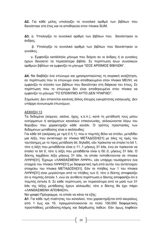 24
Γ2. Γηα θάζε κέινο ππνινγίδεη ην ζπλνιηθό αξηζκό ησλ βηβιίσλ πνπ
δαλείζηεθε ζην έηνο θαη ην απνζεθεύεη ζηνλ πίλαθα SUM.
Γ3. α. Τπνινγίδεη ην ζπλνιηθό αξηζκό ησλ βηβιίσλ πνπ δαλείζηεθαλ νη
άλδξεο.
β. Τπνινγίδεη ην ζπλνιηθό αξηζκό ησλ βηβιίσλ πνπ δαλείζηεθαλ νη
γπλαίθεο.
γ. Δκθαλίδεη θαηάιιειν κήλπκα πνπ δείρλεη αλ νη άλδξεο ή νη γπλαίθεο
έρνπλ δαλεηζηεί ηα πεξηζζόηεξα βηβιία. ΢ε πεξίπησζε ίζσλ ζπλνιηθώλ
αξηζκώλ βηβιίσλ λα εκθαλίδεη ην κήλπκα “Η΢Ο΢ ΑΡΗΘΜΟ΢ ΒΗΒΛΗΧΝ”.
Γ4. Να δηαβάδεη έλα επώλπκν θαη ρξεζηκνπνηώληαο ηε ζεηξηαθή αλαδήηεζε,
ζε πεξίπησζε πνπ ην επώλπκν είλαη απνζεθεπκέλν ζηνλ πίλαθα ΜΔΛΖ, λα
εκθαλίδεη ην ζύλνιν ησλ βηβιίσλ πνπ δαλείζηεθε ζηε δηάξθεηα ηνπ έηνπο. ΢ε
πεξίπησζε πνπ ην επώλπκν δελ είλαη απνζεθεπκέλν ζηνλ πίλαθα λα
εκθαλίδεη ην κήλπκα “ΣΟ ΔΠΧΝΤΜΟ ΑΤΣΟ ΓΔΝ ΤΠΑΡΥΔΗ”.
΢εκείσζε: Γελ απαηηείηαη θαλέλαο άιινο έιεγρνο εγθπξόηεηαο εηζαγσγήο. Γελ
ππάξρεη ζπλσλπκία επσλύκσλ.
Α΢ΚΖ΢Ζ 13
Tα δεδνκέλα (θείκελν, εηθόλα, ήρνο, θ.ι.π.), θαηά ηε κεηάδνζή ηνπο κέζσ
ελζύξκαησλ ή αζύξκαησλ θαλαιηώλ επηθνηλσλίαο, αιινηώλνληαη ιόγσ ηνπ
ζνξύβνπ πνπ ραξαθηεξίδεη θάζε θαλάιη. Ο ηξόπνο πξνζηαζίαο ησλ
δεδνκέλσλ κεηάδνζεο είλαη ν αθόινπζνο:
Γηα θάζε bit (αθέξαηνο κε ηηκή 0 ή 1), πνπ ν πνκπόο ζέιεη λα ζηείιεη, κεηαδίδεη
κηα ιέμε, πνπ αληηζηνηρεί ζε πίλαθα ΜΔΣΑΓΟ΢Ζ[31] κε όιεο ηηο ηηκέο ηνπ
ηαπηόζεκεο κε ην πξνο κεηάδνζε bit, δειαδή, εάλ πξόθεηηαη λα ζηαιεί ην bit 1,
ηόηε ε ιέμε πνπ κεηαδίδεηαη είλαη ε 11..1 κήθνπο 31 bits, ελώ αλ πξόθεηηαη λα
ζηαιεί ην bit 0, ηόηε ε ιέμε πνπ κεηαδίδεηαη είλαη ε 00..0, κήθνπο 31 bits. Ο
δέθηεο ιακβάλεη ιέμε κήθνπο 31 bits, ηα νπνία ηνπνζεηνύληαη ζε πίλαθα
ΛΖΦΖ[31]. Έρνπκε «ΛΑΝΘΑ΢ΜΔΝΖ ΛΖΦΖ», εάλ ππάξρεη ηνπιάρηζηνλ έλα
ζηνηρείν ηνπ πίλαθα ΛΖΦΖ[31] κε δηαθνξεηηθή ηηκή από απηήλ ηνπ αληίζηνηρνπ
ζηνηρείνπ ηνπ πίλαθα ΜΔΣΑΓΟ΢Ζ[31]. Δάλ ην πιήζνο ησλ 1 ηνπ πίλαθα
ΛΖΦΖ[31] είλαη κεγαιύηεξν από ην πιήζνο ησλ 0, ηόηε ν δέθηεο απνθαζίδεη
όηη ν πνκπόο έζηεηιε 1, ελώ ζε αληίζεηε πεξίπησζε ν δέθηεο απνθαζίδεη όηη ν
πνκπόο έζηεηιε 0. ΢ε θάζε πεξίπησζε, αλ πεξηζζόηεξα από ηα κηζά ησλ 31
bits ηεο ιέμεο κεηάδνζεο έρνπλ αιινησζεί, ηόηε ν δέθηεο ζα έρεη πάξεη
«ΛΑΝΘΑ΢ΜΔΝΖ ΑΠΟΦΑ΢Ζ».
Να γξαθεί Πξόγξακκα, ην νπνίν λα θάλεη ηα εμήο:
Γ1. Γηα θάζε ηηκή πνηόηεηαο ηνπ θαλαιηνύ, πνπ ραξαθηεξίδεηαη από αθεξαίνπο
από 1 έσο θαη 10, πξαγκαηνπνηνύληαη ην πνιύ 100.000 δηαθνξεηηθέο
πξνζπάζεηεο κεηάδνζεο-ιήςεο θαη δηόξζσζεο ιαζώλ. Δάλ όκσο ιεθζνύλ
 