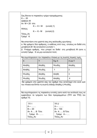 32
΢αο δίλεηαη ην παξαθάησ ηκήκα πξνγξάκκαηνο:
Κ ← 20
Γηάβαζε Μ
Αλ Μ < 20 ηόηε
Κ ← Κ + Μ (εληνιή 1)
Αιιηώο
Κ ← Κ - Μ (εληνιή 2)
Σέινο_Αλ
Γξάςε Κ
Να απαληήζηε ζην γξαπηό ζαο ζηηο αθόινπζεο εξσηήζεηο:
α. Να γξάςεηε δύν αξηζκνύο, ν θαζέλαο από ηνπο νπνίνπο αλ δνζεί ζηε
κεηαβιεηή Μ ζα εθηειεζηεί ε εληνιή 1.
β. Τπάξρεη αξηζκόο πνπ κπνξεί λα δνζεί ζηε κεηαβιεηή Μ ώζηε ε
εληνιή Γξάςε Κ λα κελ εθηειεζηεί πνηέ;
Να ζπκπιεξώζεηε ηνλ παξαθάησ πίλαθα κε ηηο ζσζηέο ινγηθέο ηηκέο.
Υ Τ Όρη Υ Υ θαη Τ
Αιεζήο Αιεζήο Φεπδήο Αιεζήο
Αιεζήο Φεπδήο 1 2
Φεπδήο Αιεζήο Αιεζή 3
Φεπδήο Φεπδήο Αιεζήο 4
Να γξάςεηε ζην γξαπηό ζαο ηνλ αξηζκό πνπ αληηζηνηρεί ζην θελό θειί
ηνπ πίλαθα θαη δίπια ηε ζσζηή έλδεημε Αιεζήο ή Φεπδήο.
Να ζπκπιεξώζεηε ηηο παξαθάησ εληνιέο ώζηε θαηά ηελ εθηέιεζή ηνπο λα
εκθαλίδνπλ ηα ηκήκαηα ησλ δύν πξνγξακκάησλ (ΣΠ1 θαη ΣΠ2) ηνλ
αξηζκό 10.
ΣΠ 1
Α ← ……
Β ← 20
Αλ Α …. Β Σόηε
Γξάςε Β - ……
Σέινο_Αλ
ΣΠ 2
Α ← …….
Β ← 100
Αλ Α ….. Β Σόηε
Γξάςε Α – ….
Σέινο_Αλ
 