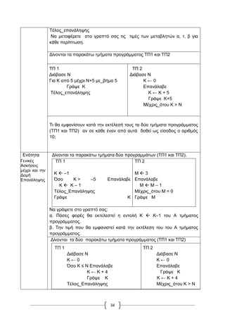 34
Σέινο_επαλάιεςεο
Να κεηαθέξεηε ζην γξαπηό ζαο ηηο ηηκέο ησλ κεηαβιεηώλ α, η, β γηα
θάζε πεξίπησζε.
Γίλνληαη ηα παξαθάησ ηκήκαηα πξνγξάκκαηνο ΣΠ1 θαη ΣΠ2
ΣΠ 1
Γηάβαζε Ν
Γηα Κ από 5 κέρξη Ν+5 κε_βήκα 5
Γξάςε Κ
Σέινο_επαλάιεςεο
ΣΠ 2
Γηάβαζε Ν
K ← 0
Δπαλάιαβε
K ← K + 5
Γξάςε K+5
Μέρξηο_όηνπ K > Ν
Ση ζα εκθαλίζνπλ θαηά ηελ εθηέιεζή ηνπο ηα δύν ηκήκαηα πξνγξάκκαηνο
(ΣΠ1 θαη ΣΠ2) αλ ζε θάζε έλαλ από απηά δνζεί σο είζνδνο ν αξηζκόο
10;
Δλόηεηα
Γεληθέο
Αζθήζεηο
κέρξη θαη ηελ
Γνκή
Δπαλάιεςεο
Γίλνληαη ηα παξαθάησ ηκήκαηα δύν πξνγξακκάησλ (ΣΠ1 θαη ΣΠ2).
ΣΠ 1
Κ  –1
Όζν Κ > –5 Δπαλάιαβε
Κ  Κ – 1
Σέινο_Δπαλάιεςεο
Γξάςε Κ
ΣΠ 2
Μ  3
Δπαλάιαβε
Μ  Μ – 1
Μέρξηο_όηνπ Μ = 0
Γξάςε Μ
Να γξάςεηε ζην γξαπηό ζαο:
α. Πόζεο θνξέο ζα εθηειεζηεί ε εληνιή Κ  Κ–1 ηνπ Α ηκήκαηνο
πξνγξάκκαηνο.
β. Σελ ηηκή πνπ ζα εκθαληζηεί θαηά ηελ εθηέιεζε ηνπ ηνπ Α ηκήκαηνο
πξνγξάκκαηνο.
Γίλνληαη ηα δύν παξαθάησ ηκήκαηα πξνγξάκκαηνο (ΣΠ1 θαη ΣΠ2)
ΣΠ 1
Γηάβαζε Ν
Κ ← 0
Όζν Κ ≤ Ν Δπαλάιαβε
Κ ← Κ + 4
Γξάςε Κ
Σέινο_Δπαλάιεςεο
ΣΠ 2
Γηάβαζε Ν
Κ ← 0
Δπαλάιαβε
Γξάςε Κ
Κ ← Κ + 4
Μέρξηο_όηνπ Κ > Ν
 