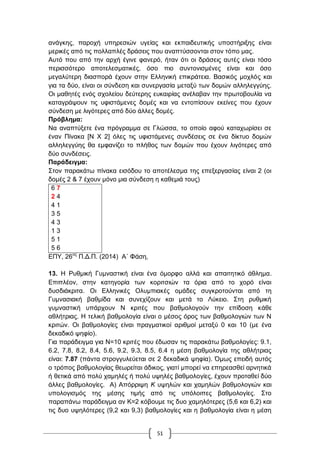 51
αλάγθεο, παξνρή ππεξεζηώλ πγείαο θαη εθπαηδεπηηθήο ππνζηήξημεο είλαη
κεξηθέο από ηηο πνιιαπιέο δξάζεηο πνπ αλαπηύζζνληαη ζηνλ ηόπν καο.
Απηό πνπ από ηελ αξρή έγηλε θαλεξό, ήηαλ όηη νη δξάζεηο απηέο είλαη ηόζν
πεξηζζόηεξν απνηειεζκαηηθέο, όζν πην ζπληνληζκέλεο είλαη θαη όζν
κεγαιύηεξε δηαζπνξά έρνπλ ζηελ Διιεληθή επηθξάηεηα. Βαζηθόο κνριόο θαη
γηα ηα δύν, είλαη νη ζύλδεζε θαη ζπλεξγαζία κεηαμύ ησλ δνκώλ αιιειεγγύεο.
Οη καζεηέο ελόο ζρνιείνπ δεύηεξεο επθαηξίαο αλέιαβαλ ηελ πξσηνβνπιία λα
θαηαγξάςνπλ ηηο πθηζηάκελεο δνκέο θαη λα εληνπίζνπλ εθείλεο πνπ έρνπλ
ζύλδεζε κε ιηγόηεξεο από δύν άιιεο δνκέο.
Πξόβιεκα:
Να αλαπηύμεηε έλα πξόγξακκα ζε Γιώζζα, ην νπνίν αθνύ θαηαρσξίζεη ζε
έλαλ Πίλαθα [Ν Υ 2] όιεο ηηο πθηζηάκελεο ζπλδέζεηο ζε έλα δίθηπν δνκώλ
αιιειεγγύεο ζα εκθαλίδεη ην πιήζνο ησλ δνκώλ πνπ έρνπλ ιηγόηεξεο από
δύν ζπλδέζεηο.
Παξάδεηγκα:
΢ηνλ παξαθάησ πίλαθα εηζόδνπ ην απνηέιεζκα ηεο επεμεξγαζίαο είλαη 2 (νη
δνκέο 2 & 7 έρνπλ κόλν κηα ζύλδεζε ε θαζεκηά ηνπο)
6 7
2 4
4 1
3 5
4 3
1 3
5 1
5 6
ΔΠΤ, 26νο
Π.Γ.Π. (2014) Α΄ Φάζε,
13. Ζ Ρπζκηθή Γπκλαζηηθή είλαη έλα όκνξθν αιιά θαη απαηηεηηθό άζιεκα.
Δπηπιένλ, ζηελ θαηεγνξία ησλ θνξηηζηώλ ηα όξηα από ην ρνξό είλαη
δπζδηάθξηηα. Οη Διιεληθέο Οιπκπηαθέο νκάδεο ζπγθξνηνύληαη από ηε
Γπκλαζηαθή βαζκίδα θαη ζπλερίδνπλ θαη κεηά ην Λύθεην. ΢ηε ξπζκηθή
γπκλαζηηθή ππάξρνπλ Ν θξηηέο πνπ βαζκνινγνύλ ηελ επίδνζε θάζε
αζιήηξηαο. Ζ ηειηθή βαζκνινγία είλαη ν κέζνο όξνο ησλ βαζκνινγηώλ ησλ Ν
θξηηώλ. Οη βαζκνινγίεο είλαη πξαγκαηηθνί αξηζκνί κεηαμύ 0 θαη 10 (κε έλα
δεθαδηθό ςεθίν).
Γηα παξάδεηγκα γηα Ν=10 θξηηέο πνπ έδσζαλ ηηο παξαθάησ βαζκνινγίεο: 9.1,
6.2, 7.8, 8.2, 8.4, 5.6, 9.2, 9.3, 8.5, 6.4 ε κέζε βαζκνινγία ηεο αζιήηξηαο
είλαη: 7.87 (πάληα ζηξνγγπιεύεηαη ζε 2 δεθαδηθά ςεθία). Όκσο επεηδή απηόο
ν ηξόπνο βαζκνινγίαο ζεσξείηαη άδηθνο, γηαηί κπνξεί λα επεξεαζζεί αξλεηηθά
ή ζεηηθά από πνιύ ρακειέο ή πνιύ πςειέο βαζκνινγίεο, έρνπλ πξνηαζεί δύν
άιιεο βαζκνινγίεο. Α) Απόξξηςε Κ πςειώλ θαη ρακειώλ βαζκνινγηώλ θαη
ππνινγηζκόο ηεο κέζεο ηηκήο από ηηο ππόινηπεο βαζκνινγίεο. ΢ην
παξαπάλσ παξάδεηγκα αλ Κ=2 θόβνπκε ηηο δπν ρακειόηεξεο (5,6 θαη 6,2) θαη
ηηο δπν πςειόηεξεο (9,2 θαη 9,3) βαζκνινγίεο θαη ε βαζκνινγία είλαη ε κέζε
 