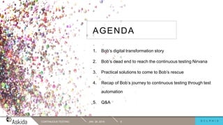JAN. 29, 2019CONTINUOUS TESTING 6
1. Bob’s digital transformation story
2. Bob’s dead end to reach the continuous testing Nirvana
3. Practical solutions to come to Bob’s rescue
4. Recap of Bob’s journey to continuous testing through test
automation
5. Q&A
AGENDA
 