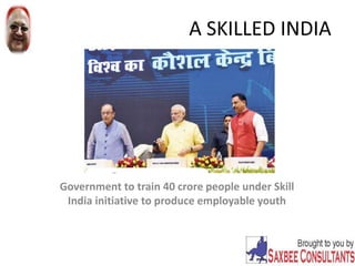 A SKILLED INDIA
Government to train 40 crore people under Skill
India initiative to produce employable youth
 