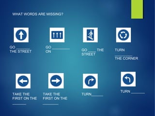 WHAT WORDS ARE MISSING?
GO _______
THE STREET
GO _________
ON GO ____ THE
STREET
TURN
_________
THE CORNER
TAKE THE
FIRST ON THE
_______
TAKE THE
FIRST ON THE
________
TURN______
TURN _______
 