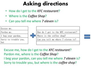 Asking directions
• How do I get to the KFC restaurant?
• Where is the Coffee Shop?
• Can you tell me where 7 eleven is?
Excuse me,
Pardon me,
I beg your pardon,
Sorry to trouble you,
but
How do I get to the KFC restaurant?
Where is the coffee shop?
Can you tell me where 7 eleven is?
Excuse me, how do I get to the KFC restaurant?
Pardon me, where is the Coffee Shop?
I beg your pardon, can you tell me where 7 eleven is?
Sorry to trouble you, but where is the coffee shop?
 