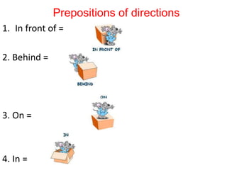 Prepositions of directions
1. In front of =
2. Behind =
3. On =
4. In =
 