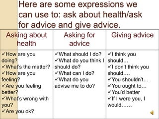 Here are some expressions we
can use to: ask about health/ask
for advice and give advice.
Asking about
health
Asking for
advice
Giving advice
How are you
doing?
What’s the matter?
How are you
feeling?
Are you feeling
better?
What’s wrong with
you?
Are you ok?
What should I do?
What do you think I
should do?
What can I do?
What do you
advise me to do?
I think you
should…
I don’t think you
should….
You shouldn’t…
You ought to…
You’d better
If I were you, I
would……
 