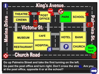 THEATRE
CINEMA
SCHOOLPARK
BANK
CHURCH
HOTELMUSEUM
RESTAURANT
HOSPITAL
POST
OFFICE
CAFÉ
Go up Palmeira Street and take the first turning on the left.
Go past the post office and turn right. Don’t cross the street. Are you
at the post office, opposite it or at the school?
Start
here
 