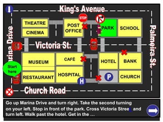 THEATRE
CINEMA
SCHOOLPARK
BANK
CHURCH
HOTELMUSEUM
RESTAURANT
HOSPITAL
POST
OFFICE
CAFÉ
Go up Marina Drive and turn right. Take the second turning
on your left. Stop in front of the park. Cross Victoria Street and
turn left. Walk past the hotel. Get in the …
Start
here
 