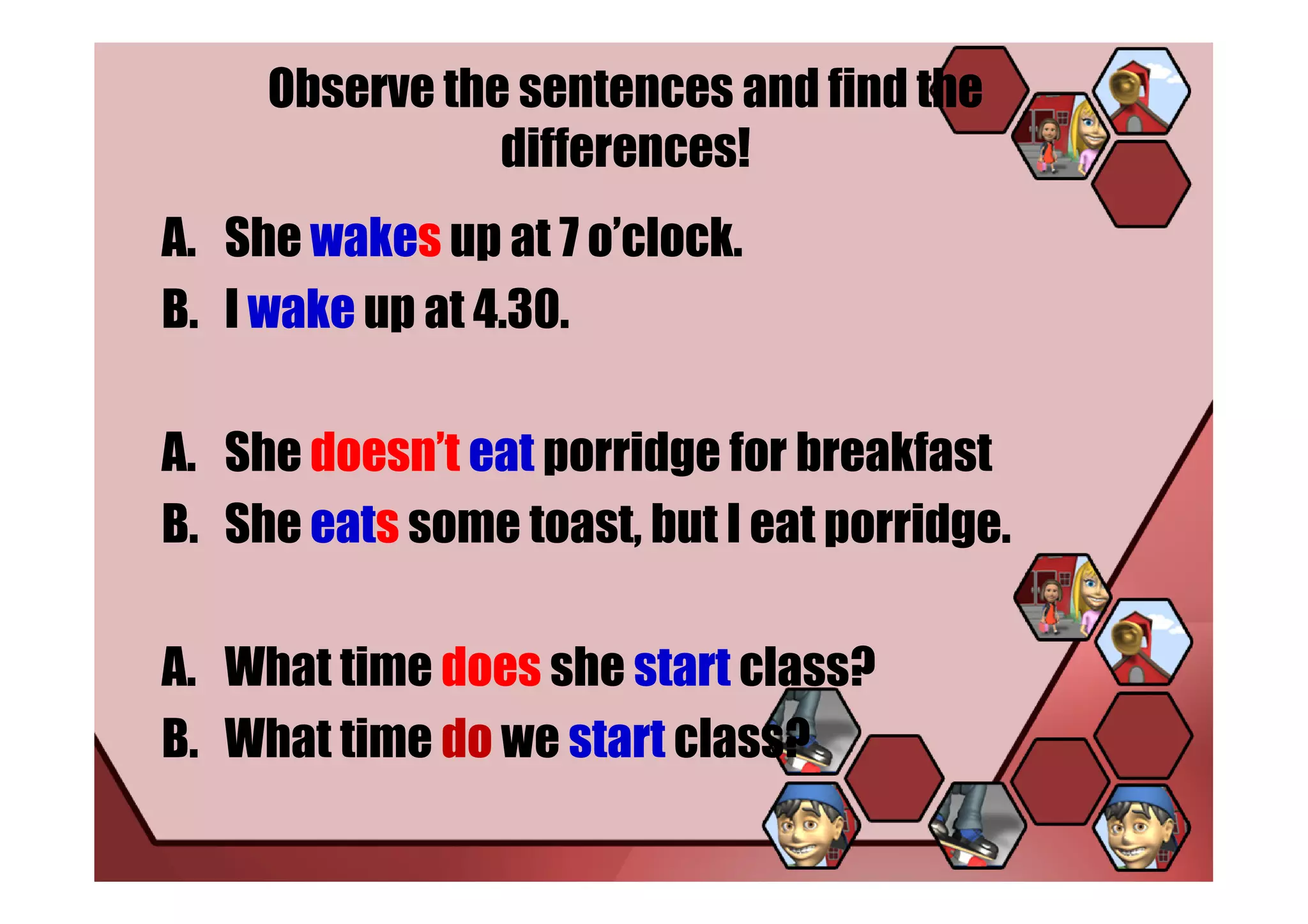 Observe the sentences and find the
                differences!
A. She wakes up at 7 o’clock.
B. I wake up at 4.30.

A. She doesn’t eat porridge for breakfast
B. She eats some toast, but I eat porridge.

A. What time does she start class?
B. What time do we start class?
 