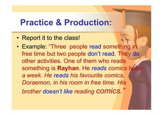 Practice & Production:
• Report it to the class!
• Example: “Three people read something in
  free time but two people don’t read. They do
  other activities. One of them who reads
  something is Rayhan. He reads comics twice
  a week. He reads his favourite comics,
  Doraemon, in his room in free time. His
  brother doesn’t like reading comics.”
 