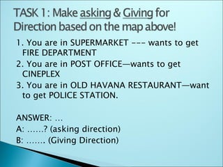 1. You are in SUPERMARKET --- wants to get
 FIRE DEPARTMENT
2. You are in POST OFFICE—wants to get
 CINEPLEX
3. You are in OLD HAVANA RESTAURANT—want
 to get POLICE STATION.

ANSWER: …
A: ……? (asking direction)
B: ……. (Giving Direction)
 