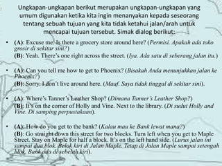 Ungkapan-ungkapan berikut merupakan ungkapan-ungkapan yang 
umum digunakan ketika kita ingin menanyakan kepada seseorang 
tentang sebuah tujuan yang kita tidak ketahui jalan/arah untuk 
mencapai tujuan tersebut. Simak dialog berikut: 
• (A): Excuse me. Is there a grocery store around here? (Permisi. Apakah ada toko 
grosir di sekitar sini?) 
(B): Yeah. There’s one right across the street. (Iya. Ada satu di seberang jalan itu.) 
• (A): Can you tell me how to get to Phoenix? (Bisakah Anda menunjukkan jalan ke 
Phoenix?) 
(B): Sorry. I don’t live around here. (Maaf. Saya tidak tinggal di sekitar sini). 
• (A): Where’s Tanner’s Leather Shop? (Dimana Tanner’s Leather Shop?) 
(B): It’s on the corner of Holly and Vine. Next to the library. (Di sudut Holly and 
Vine. Di samping perpustakaan). 
• (A): How do you get to the bank? (Kalau mau ke Bank lewat mana?) 
(B): Go straight down this street for two blocks. Turn left when you get to Maple 
Street. Stay on Maple for half a block. It’s on the left hand side. (Lurus jalan ini 
sampai dua blok. Belok kiri di Jalan Maple. Tetap di Jalan Maple sampai setengah 
blok. Bank ada di sebelah kiri). 
 