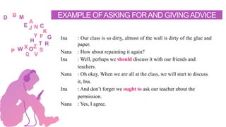 EXAMPLE OFASKING FORAND GIVINGADVICE
Ina : Our class is so dirty, almost of the wall is dirty of the glue and
paper.
Nana : How about repainting it again?
Ina : Well, perhaps we should discuss it with our friends and
teachers.
Nana : Oh okay. When we are all at the class, we will start to discuss
it, Ina.
Ina : And don’t forget we ought to ask our teacher about the
permission.
Nana : Yes, I agree.
 