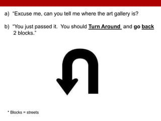 a) “Excuse me, can you tell me where the art gallery is?
b) “You just passed it. You should Turn Around and go back
2 blocks.”
* Blocks = streets
 
