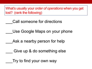 What’s usually your order of operations when you get
lost? (rank the following)
___Call someone for directions
___Use Google Maps on your phone
___Ask a nearby person for help
___ Give up & do something else
___Try to find your own way
 
