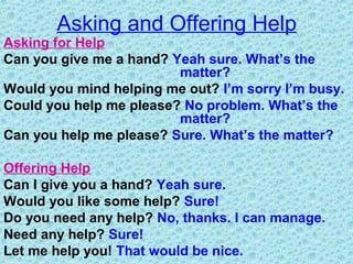Asking and Offering Help
Asking for Help
Can you give me a hand? Yeah sure. What’s the
matter?
Would you mind helping me out? I’m sorry I’m busy.
Could you help me please? No problem. What’s the
matter?
Can you help me please? Sure. What’s the matter?
Offering Help
Can I give you a hand? Yeah sure.
Would you like some help? Sure!
Do you need any help? No, thanks. I can manage.
Need any help? Sure!
Let me help you! That would be nice.
 