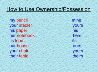 How to Use Ownership/Possession
my pencil mine
your stapler yours
his paper his
her notebook hers
its food its
our house ours
your chair yours
their table theirs
 