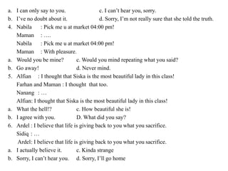 a. I can only say to you. c. I can’t hear you, sorry.
b. I’ve no doubt about it. d. Sorry, I’m not really sure that she told the truth.
4. Nabila : Pick me u at market 04:00 pm!
Maman : ….
Nabila : Pick me u at market 04:00 pm!
Maman : With pleasure.
a. Would you be mine? c. Would you mind repeating what you said?
b. Go away! d. Never mind.
5. Alfian : I thought that Siska is the most beautiful lady in this class!
Farhan and Maman : I thought that too.
Nanang : …
Alfian: I thought that Siska is the most beautiful lady in this class!
a. What the hell!? c. How beautiful she is!
b. I agree with you. D. What did you say?
6. Ardel : I believe that life is giving back to you what you sacrifice.
Sidiq : …
Ardel: I believe that life is giving back to you what you sacrifice.
a. I actually believe it. c. Kinda strange
b. Sorry, I can’t hear you. d. Sorry, I’ll go home
 