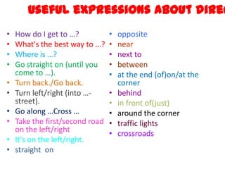 Useful expressions about direc
•
•
•
•

•
•
•
•
•
•

How do I get to …?
What's the best way to …?
Where is …?
Go straight on (until you
come to …).
Turn back./Go back.
Turn left/right (into …street).
Go along …Cross …
Take the first/second road
on the left/right
It's on the left/right.
straight on

•
•
•
•
•
•
•
•
•
•

opposite
near
next to
between
at the end (of)on/at the
corner
behind
in front of(just)
around the corner
traffic lights
crossroads

 