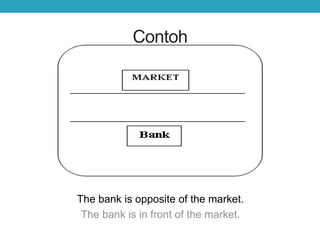 Contoh
The bank is opposite of the market.
The bank is in front of the market.
 