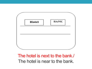The hotel is next to the bank./
The hotel is near to the bank.
 