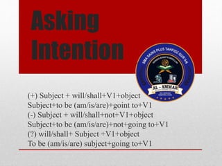 Asking
Intention
(+) Subject + will/shall+V1+object
Subject+to be (am/is/are)+goint to+V1
(-) Subject + will/shall+not+V1+object
Subject+to be (am/is/are)+not+going to+V1
(?) will/shall+ Subject +V1+object
To be (am/is/are) subject+going to+V1
 