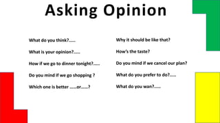 Asking Opinion
What do you think?.....
What is your opinion?.....
How if we go to dinner tonight?.....
Do you mind if we go shopping ?
Which one is better ……or……?
Why it should be like that?
How’s the taste?
Do you mind if we cancel our plan?
What do you prefer to do?.....
What do you wan?.....
 