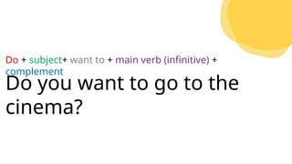 Do you want to go to the
cinema?
Do + subject+ want to + main verb (infinitive) +
complement
 