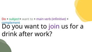 Do you want to join us for a
drink after work?
Do + subject+ want to + main verb (infinitive) +
complement
 