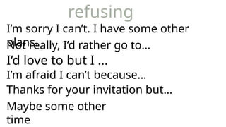 I’m sorry I can’t. I have some other
plans.
Not really, I’d rather go to…
I’d love to but I …
refusing
I’m afraid I can’t because…
Thanks for your invitation but…
Maybe some other
time
 
