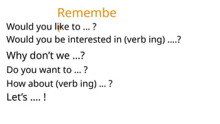 Remembe
r
Would you like to … ?
Would you be interested in (verb ing) ….?
Why don’t we …?
Do you want to … ?
How about (verb ing) … ?
Let’s …. !
 